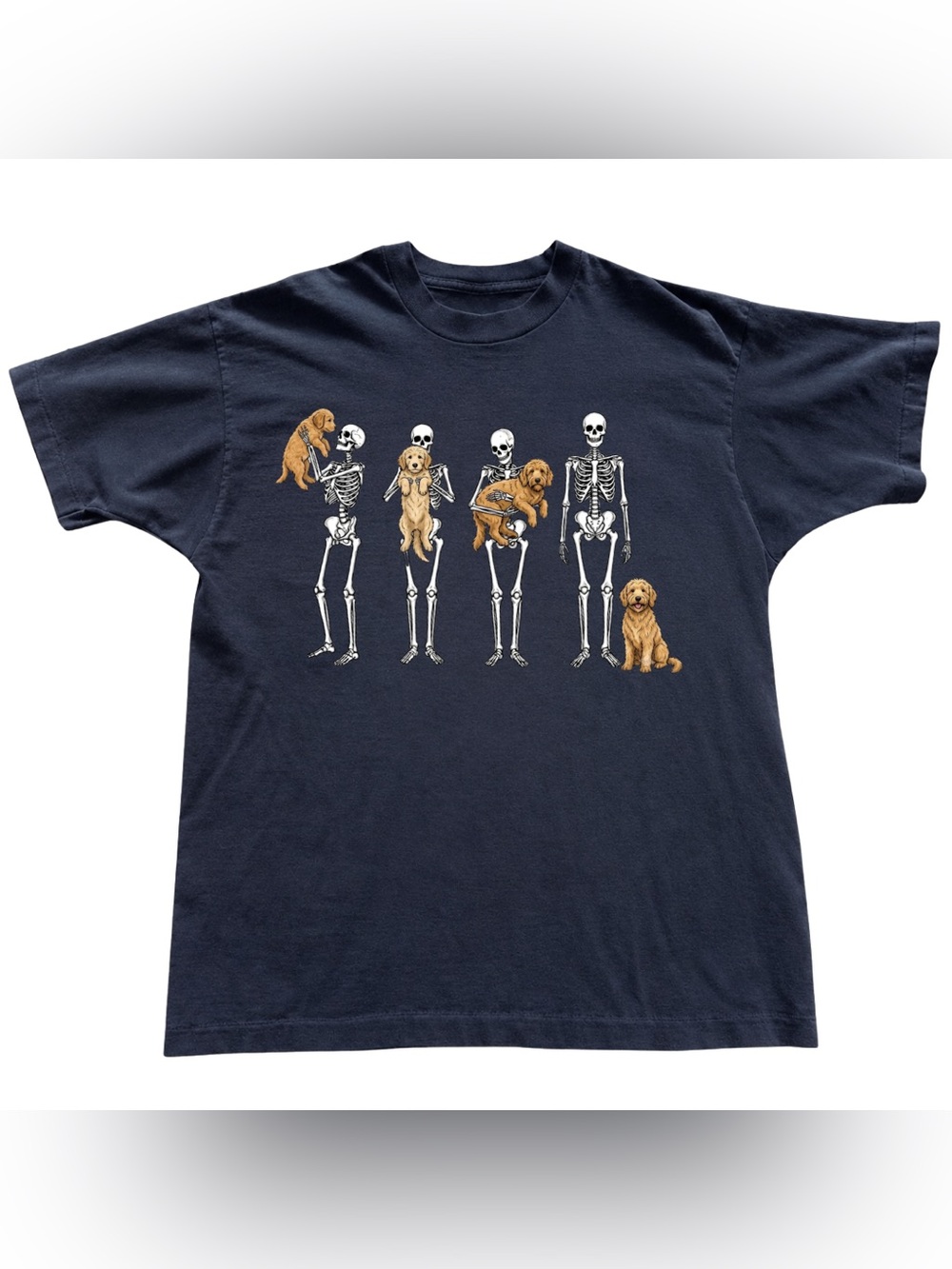 Black Skeletons Holding Golden Retrievers Graphic Tee - Illustration For Unisex